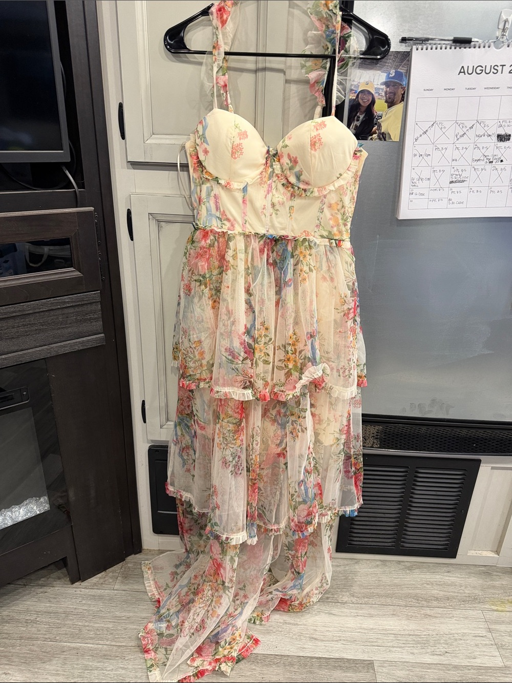 Vici Cream Floral Tiered Maxi Dress with Pink, Green & Blue Accents